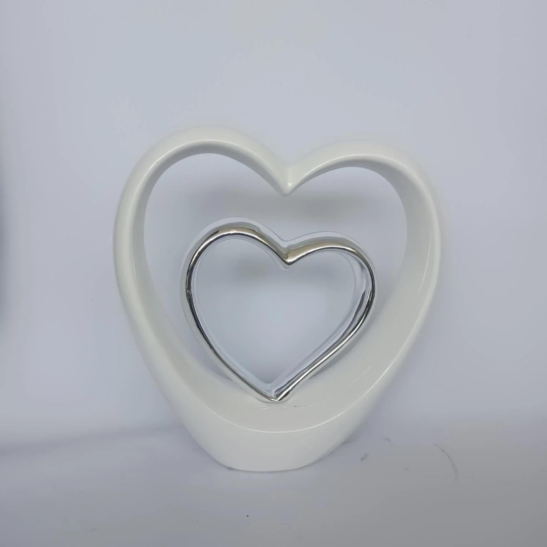 Heart Decor Ceramic Modern Heart Statue White + Silver