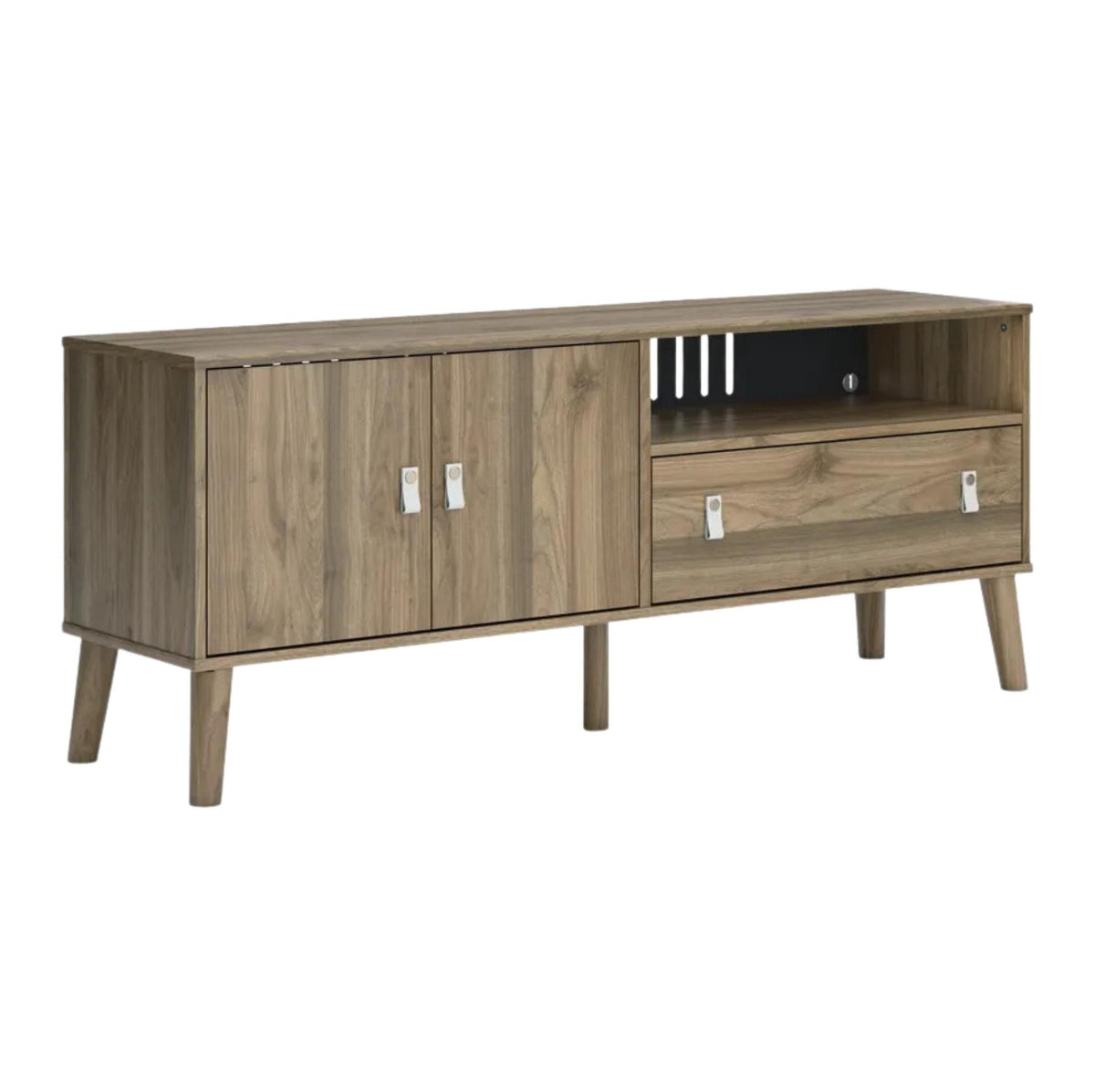 A mid-century modern wooden TV stand with a weathered brown finish, featuring two cabinet doors, an open shelf, and a drawer with silver handles, set against a plain white background.