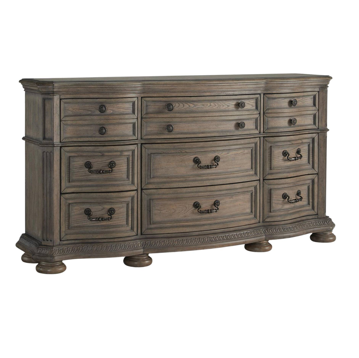 A rustic gray-brown wooden dresser with multiple drawers and dark metal knobs, shown on a plain white background.