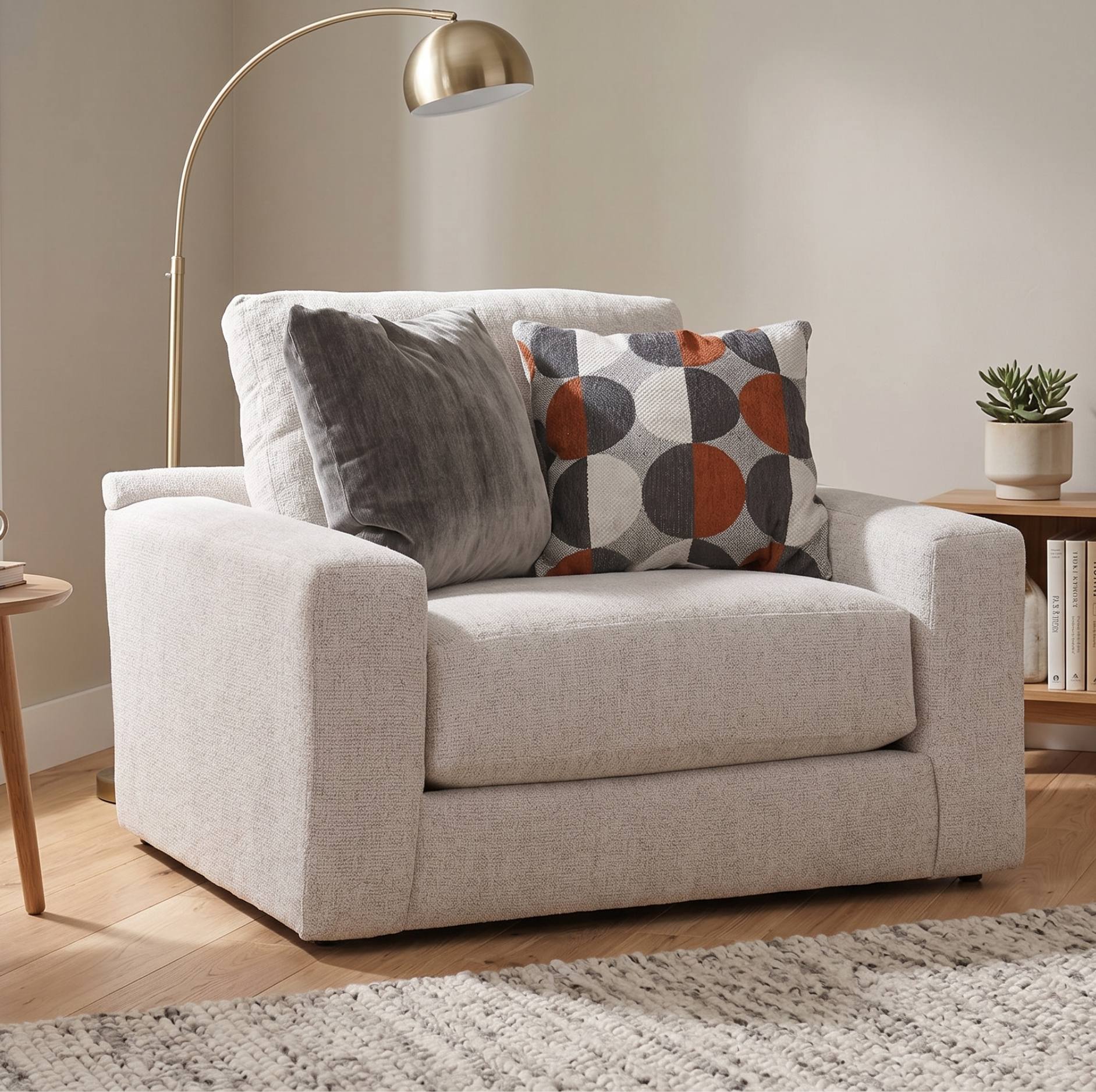 A light beige upholstered armchair in a styled living room setting, featuring two decorative throw pillows and a gold floor lamp.
