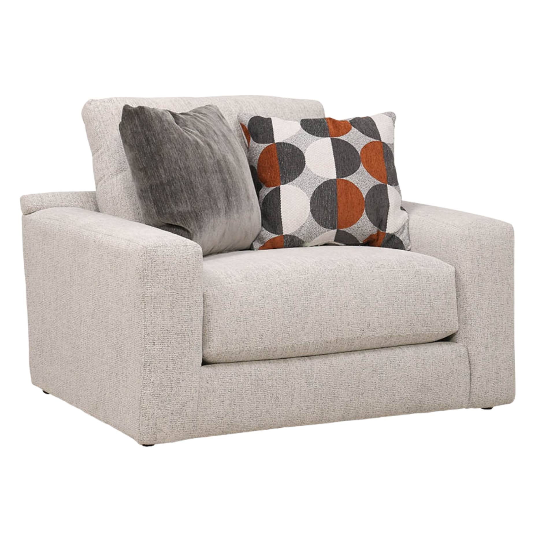 A light beige upholstered armchair with two decorative throw pillows, one solid gray and one featuring a geometric pattern of gray, orange, and white circles, shown against a plain white background.