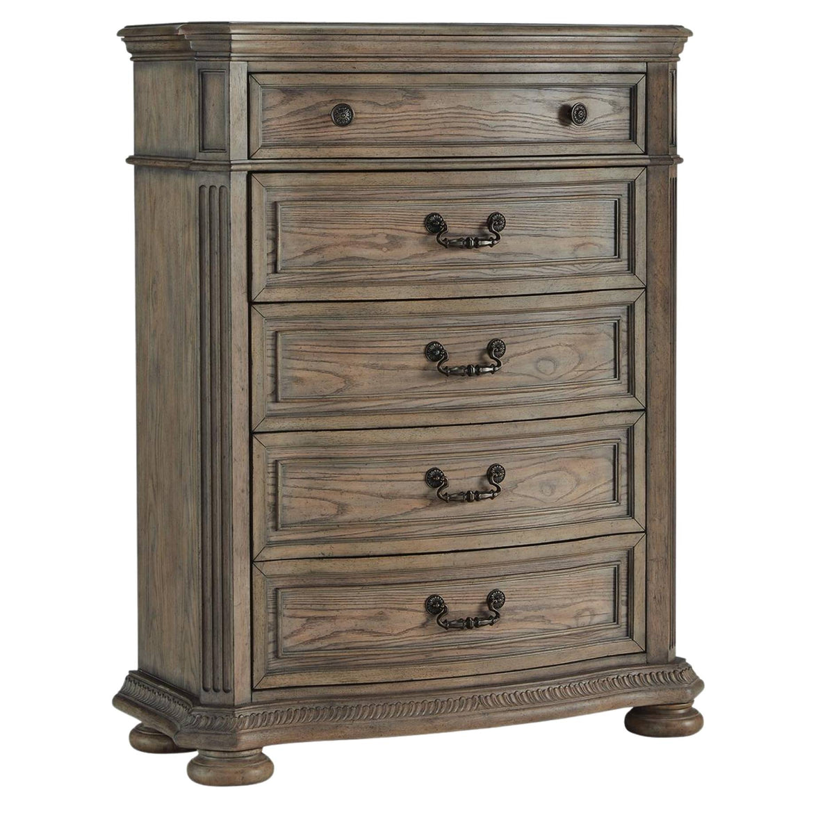 A rustic five-drawer chest of drawers in a weathered brown wood finish with dark metal hardware, shown on a plain white background.