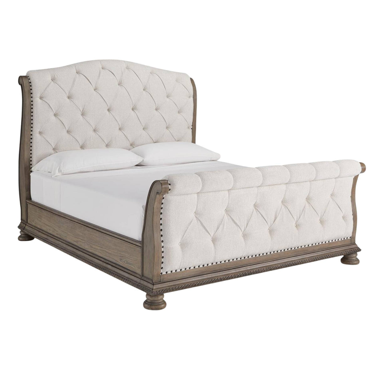 Decorative bed with tufted headboard and wooden frame on a white background