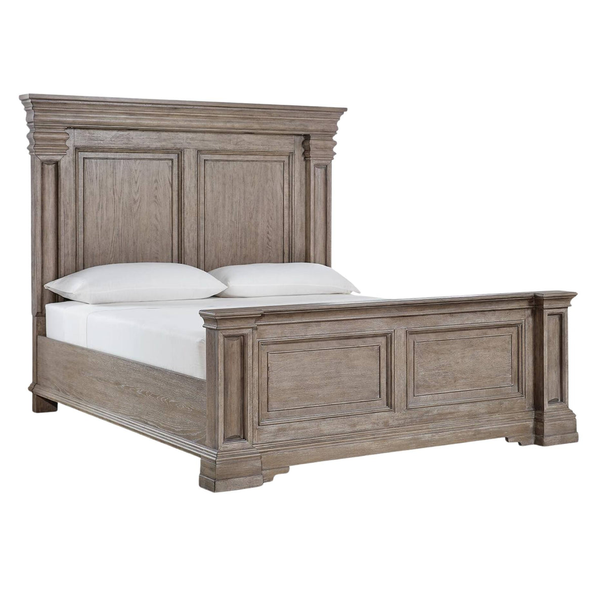 A classic wooden bed frame with a tall paneled headboard and matching footboard, finished in a weathered gray-brown rustic finish, shown with white bedding on a solid white background.