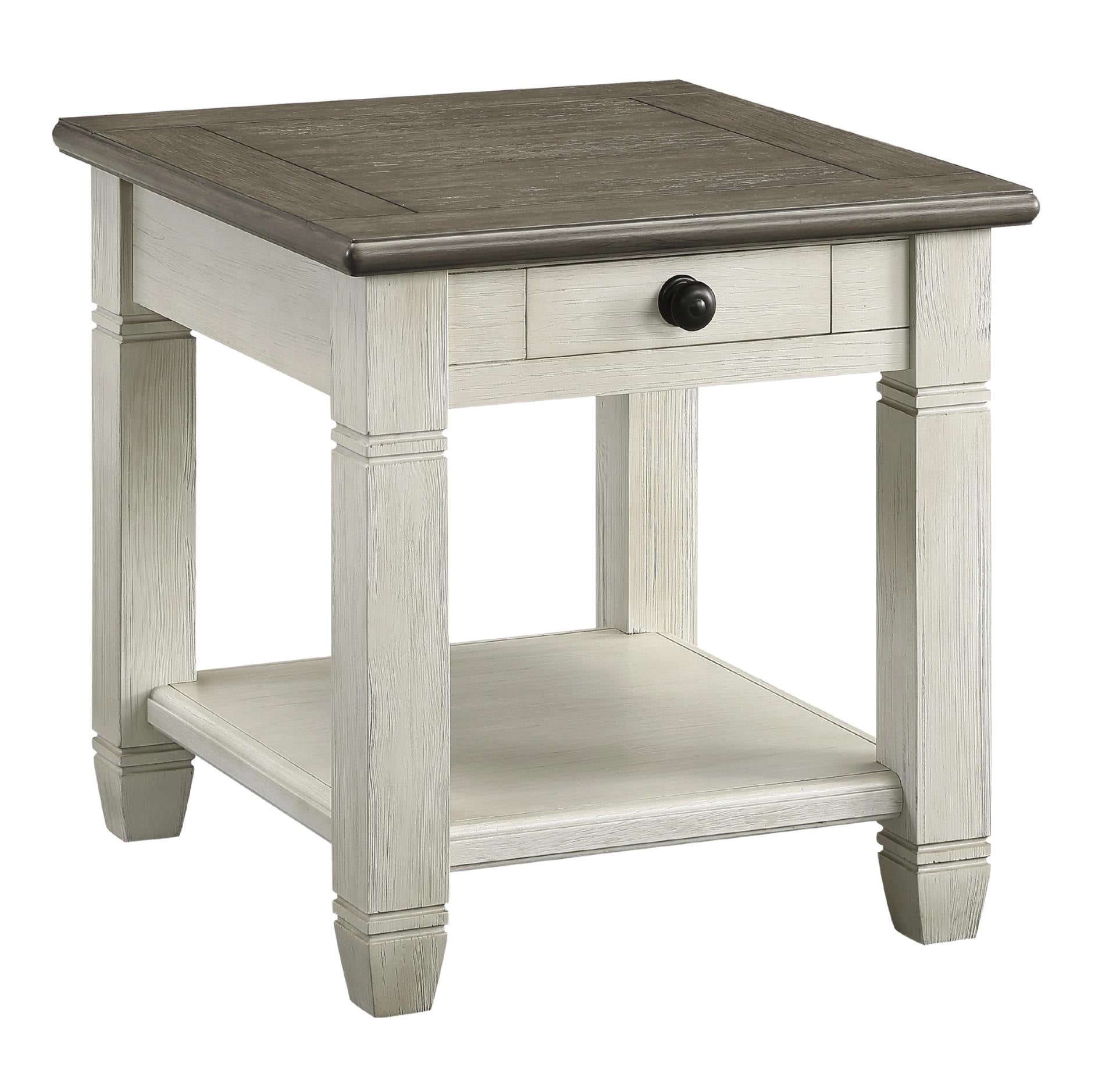 A rustic two-tone end table featuring a weathered gray-brown wood top and a distressed off-white painted frame with a single drawer and an open lower shelf.