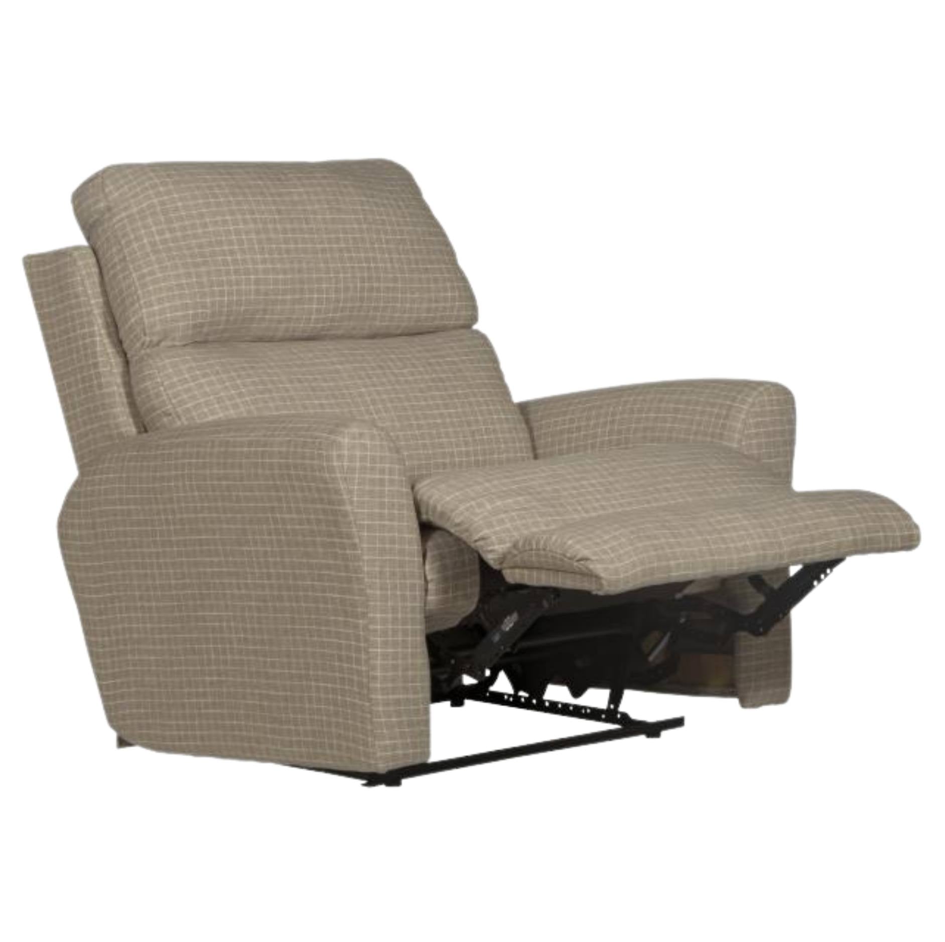 A beige and brown checkered recliner chair shown in a partially extended position on a white background.
