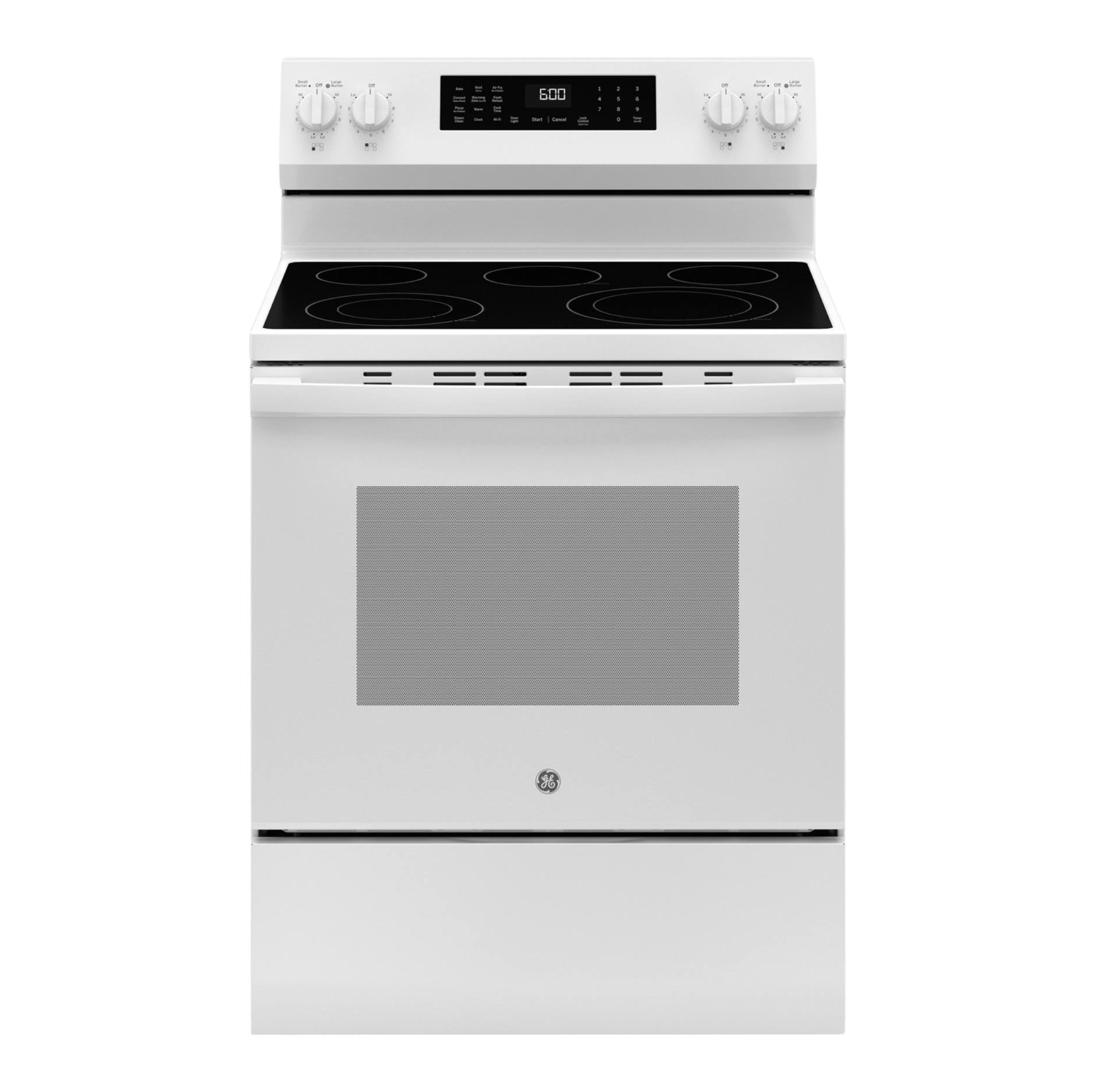 A white GE electric range with a black glass cooktop and white control knobs on a clean white background.