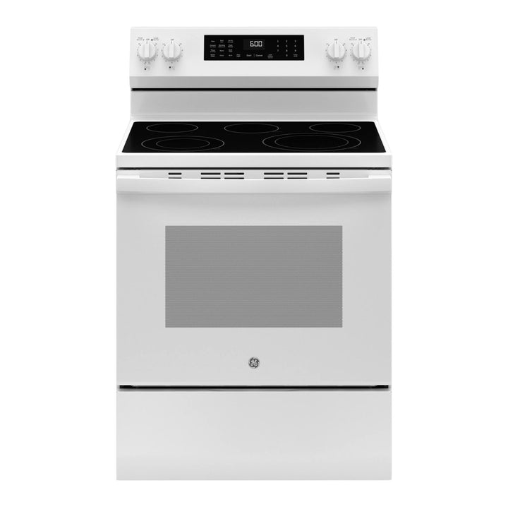 A white GE electric range with a black glass cooktop and white control knobs on a clean white background.