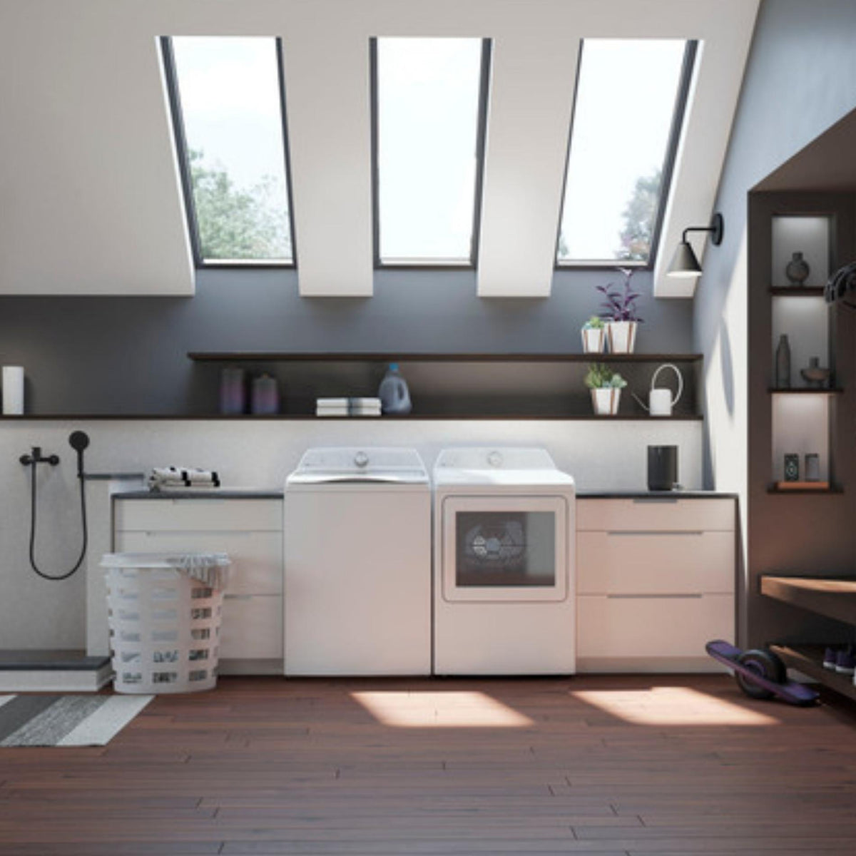 Modern laundry room with washing machine, dryer, and shelves.