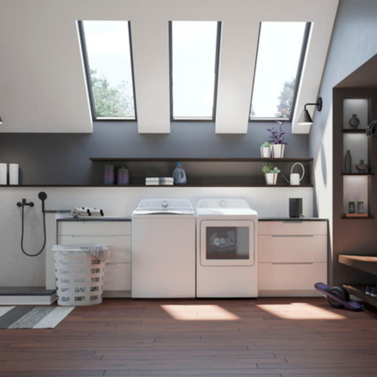 Modern laundry room with washer, dryer, and shelves.