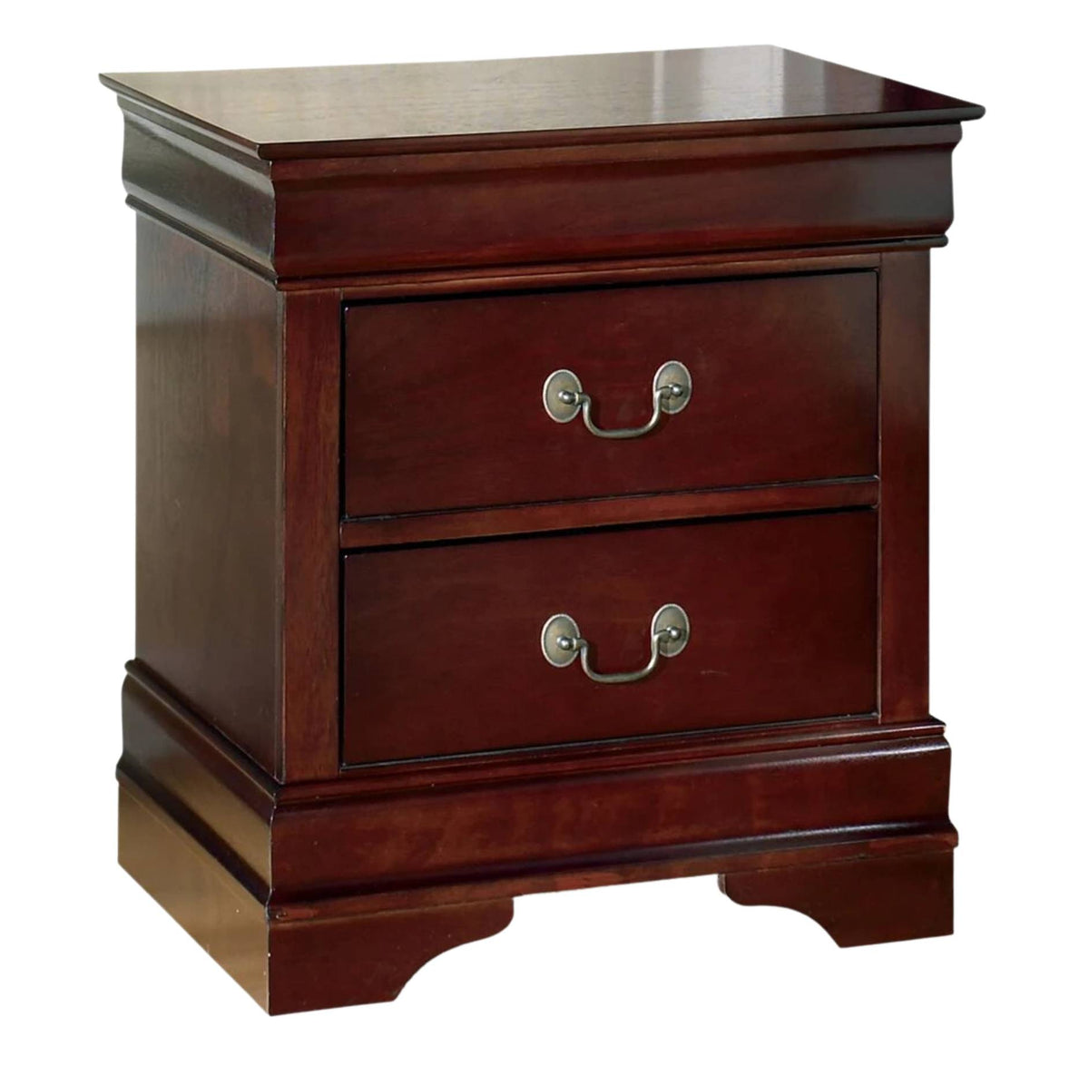 A classic dark wood two drawer nightstand featuring decorative base molding and vintage style metal bail pull hardware