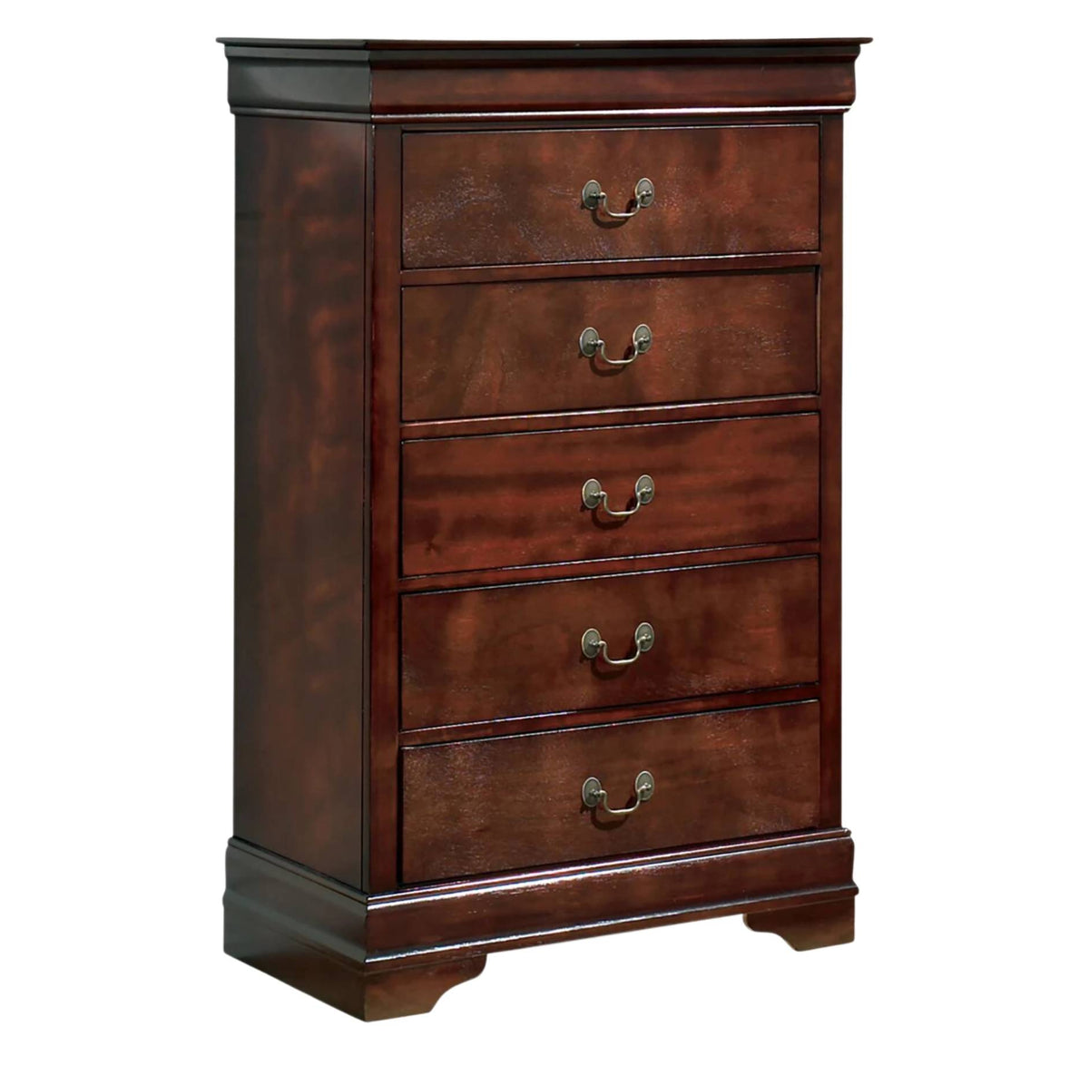 A five-drawer wooden chest of drawers with a warm reddish-brown finish and antique-style metal handles, shown on a plain white background.