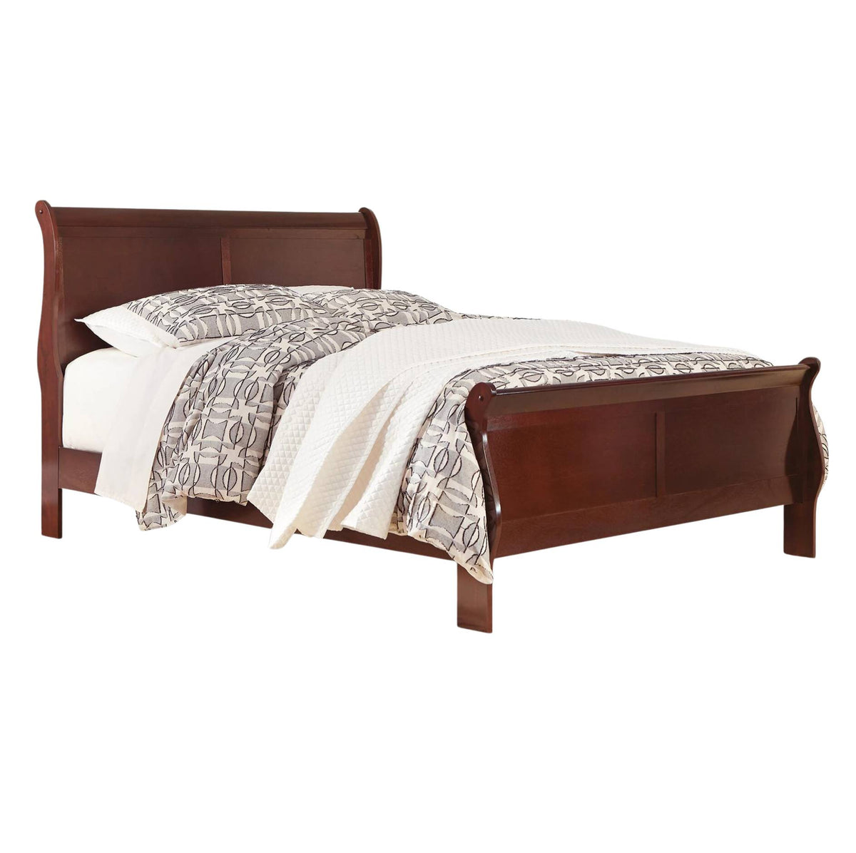 A dark brown wooden sleigh bed frame shown with white and patterned bedding on a solid white background.