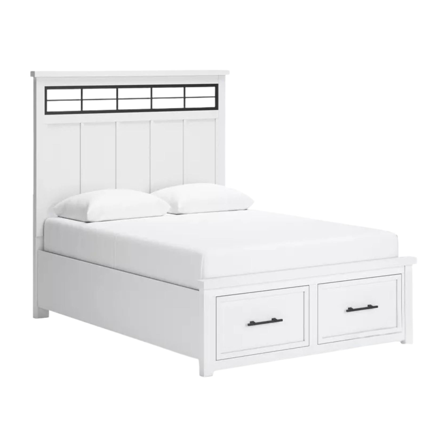 White bed with storage drawers on a white background
