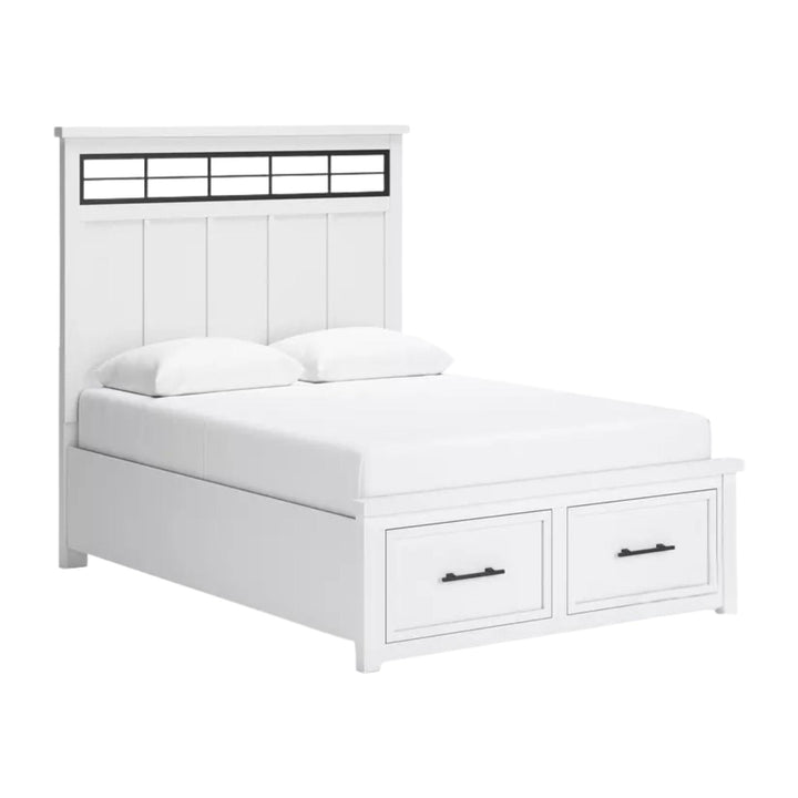 White bed with storage drawers on a white background