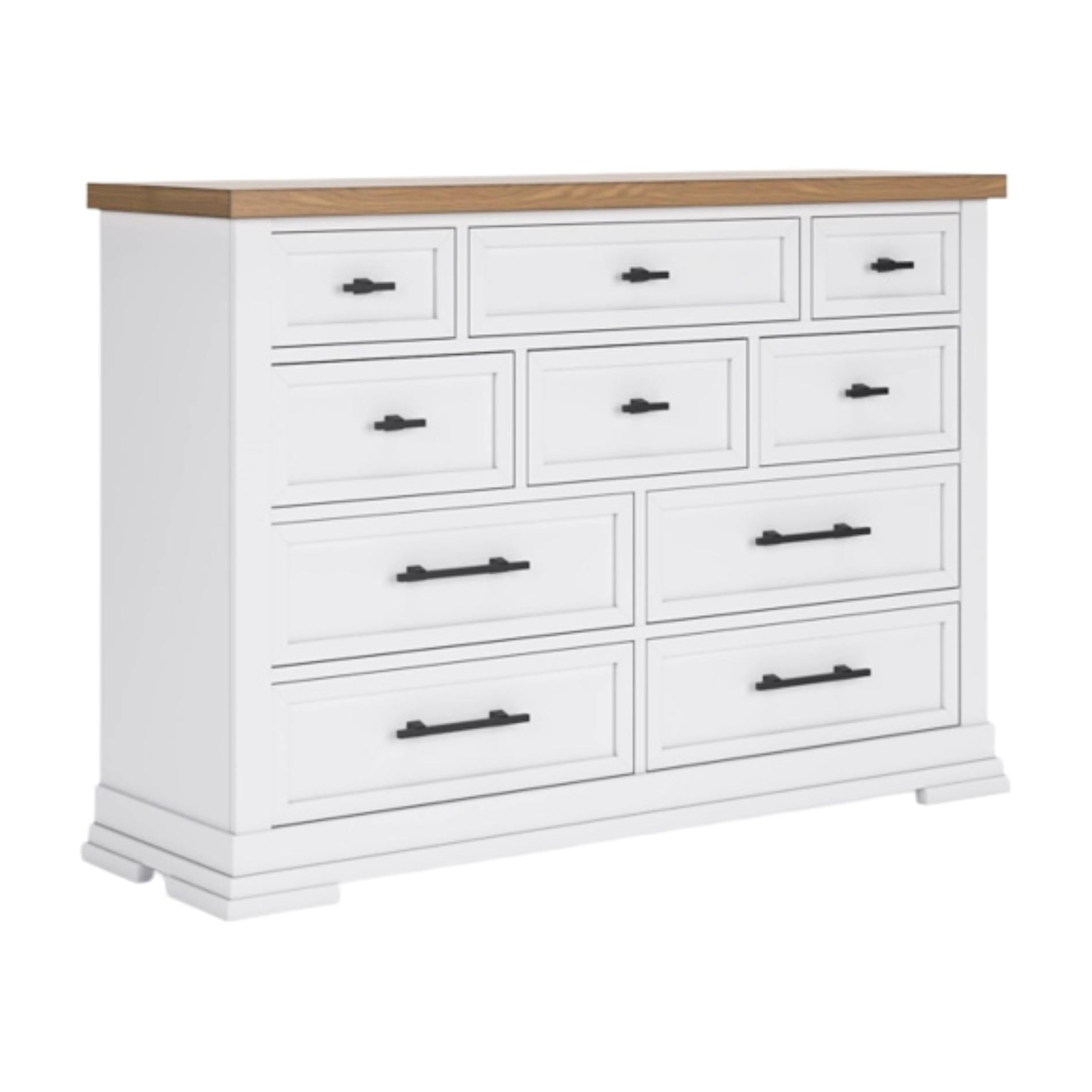 White dresser with wooden top on a white background