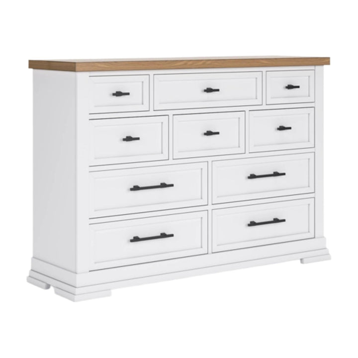 White dresser with wooden top on a white background