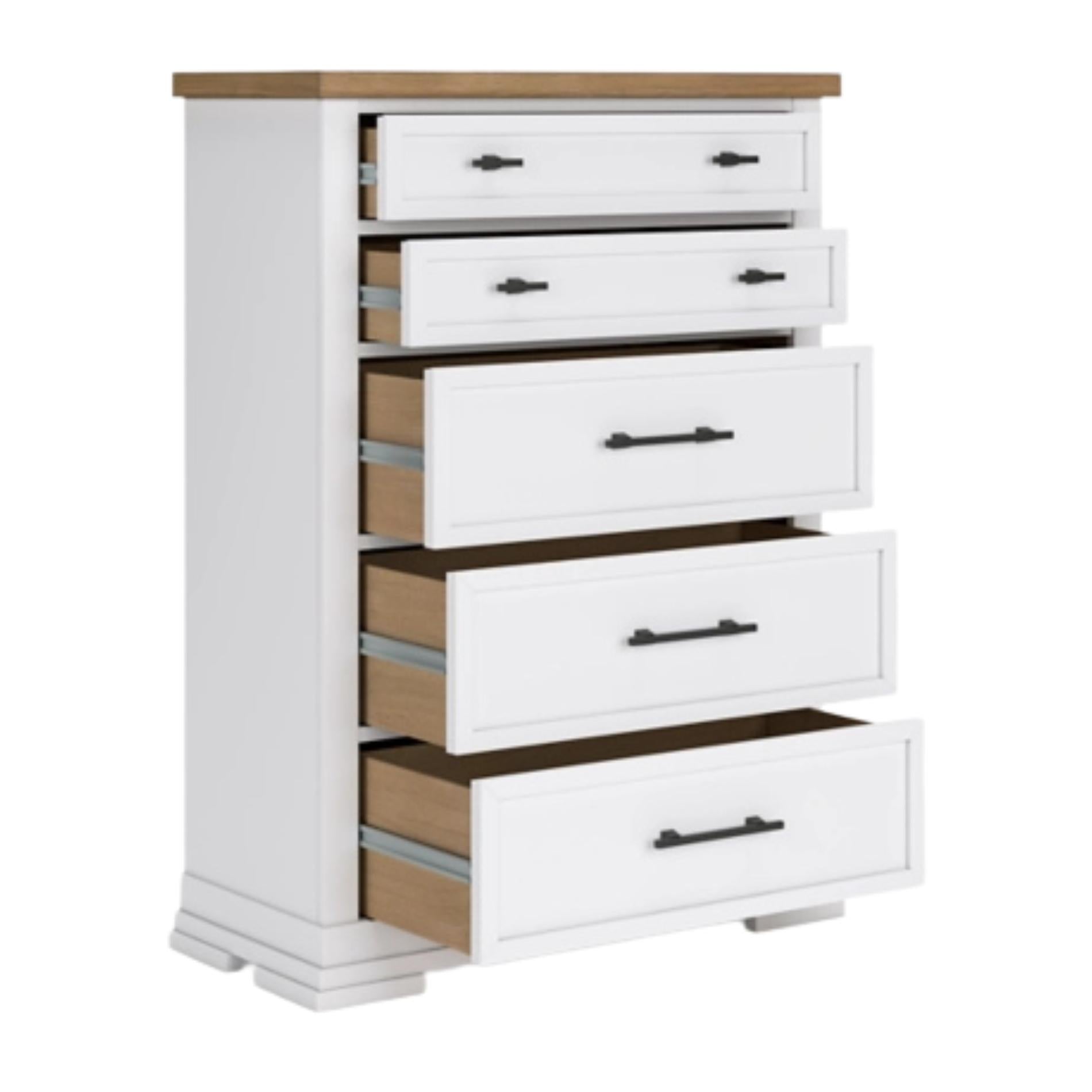White dresser with multiple drawers and wooden accents on a white background