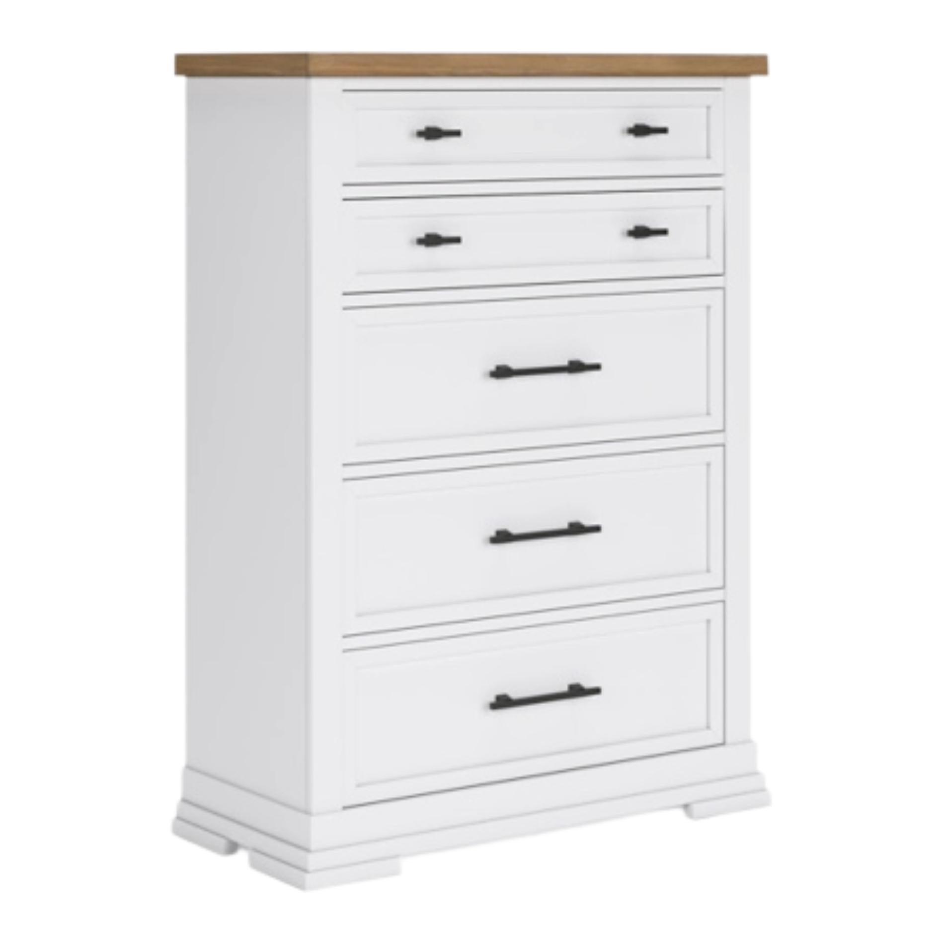 White dresser with five drawers and a wooden top on a white background