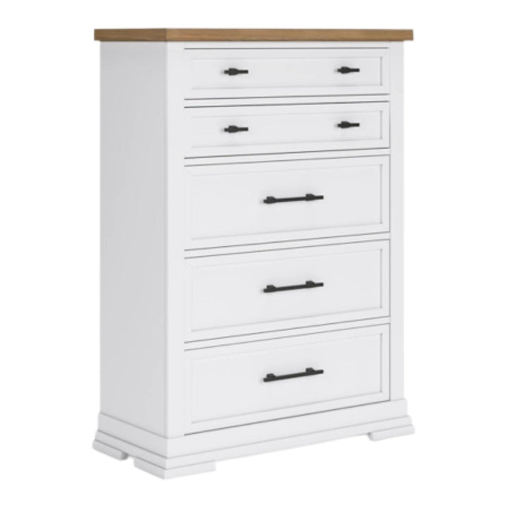 White dresser with five drawers and a wooden top on a white background