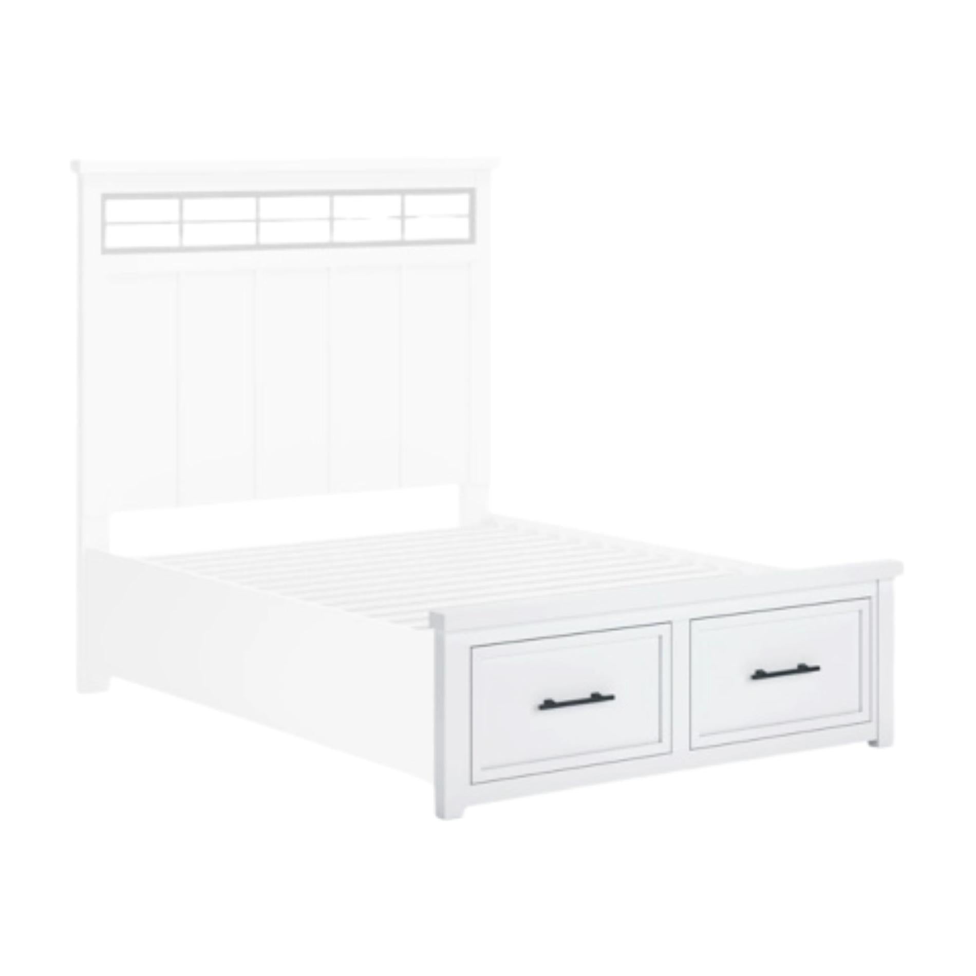 White bed frame with storage drawers on a white background