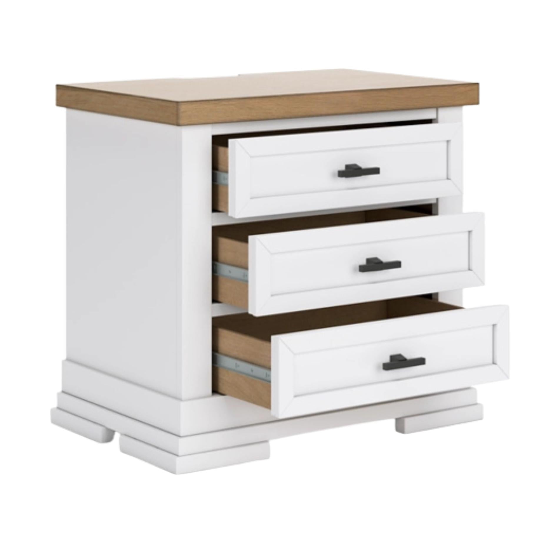 White dresser with wooden top and drawers on a white background