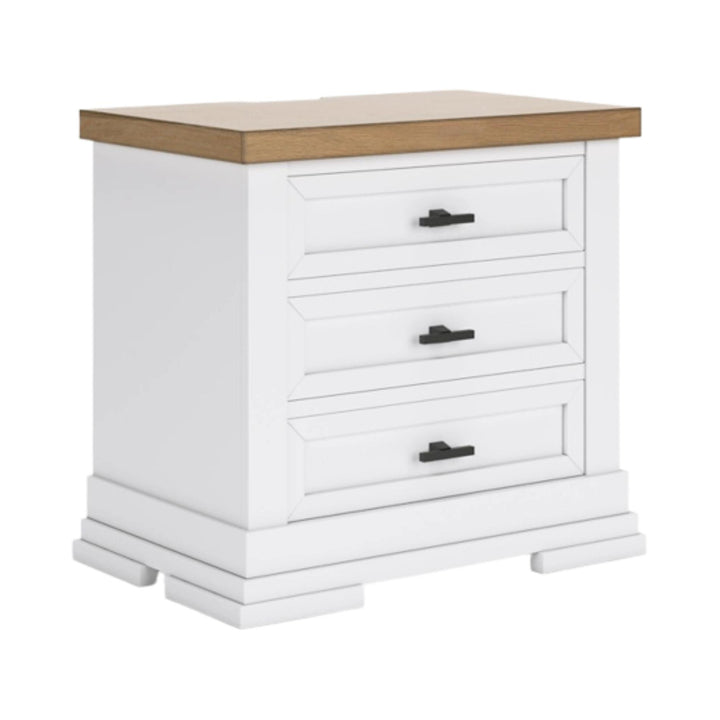 White nightstand with wooden top on a white background