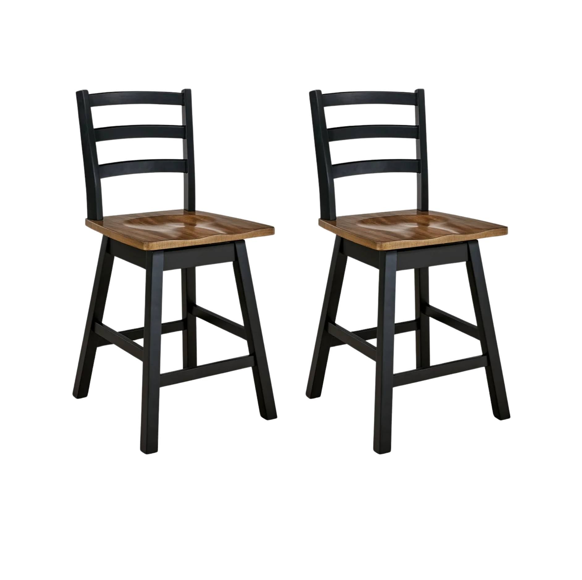 Two matching bar stools with black ladder-back frames and medium brown wooden seats, shown on a plain white background.