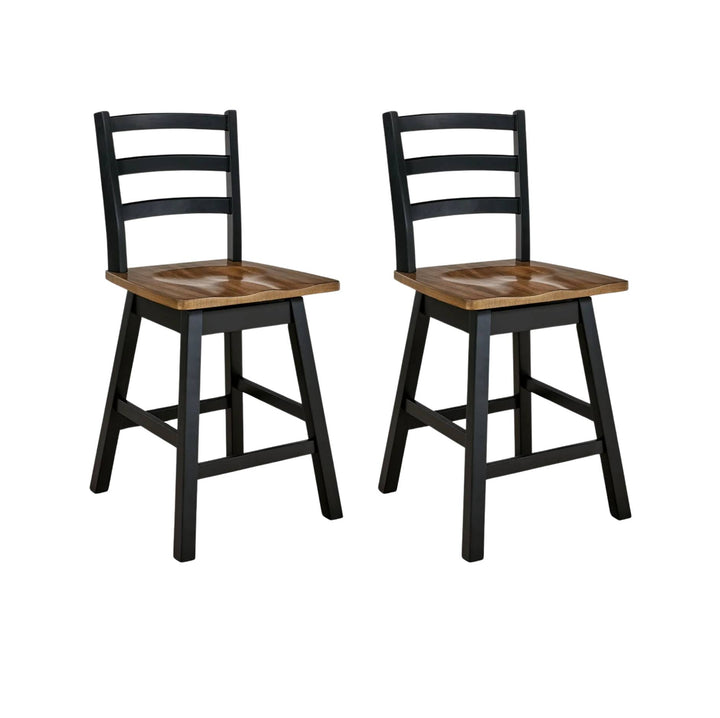 Two matching bar stools with black ladder-back frames and medium brown wooden seats, shown on a plain white background.