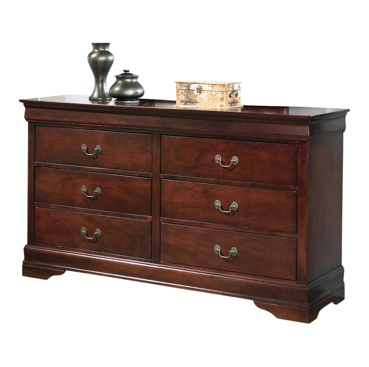 A dark reddish-brown wooden dresser with six drawers and silver metal handles, shown on a plain white background with decorative vases and a box on top.