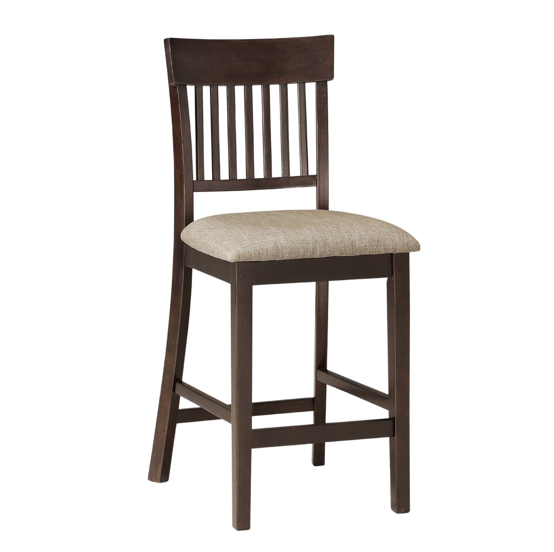 A wooden barstool or counter-height dining chair with a dark brown frame, vertical slat backrest, and a light beige upholstered seat cushion, shown on a plain white background.