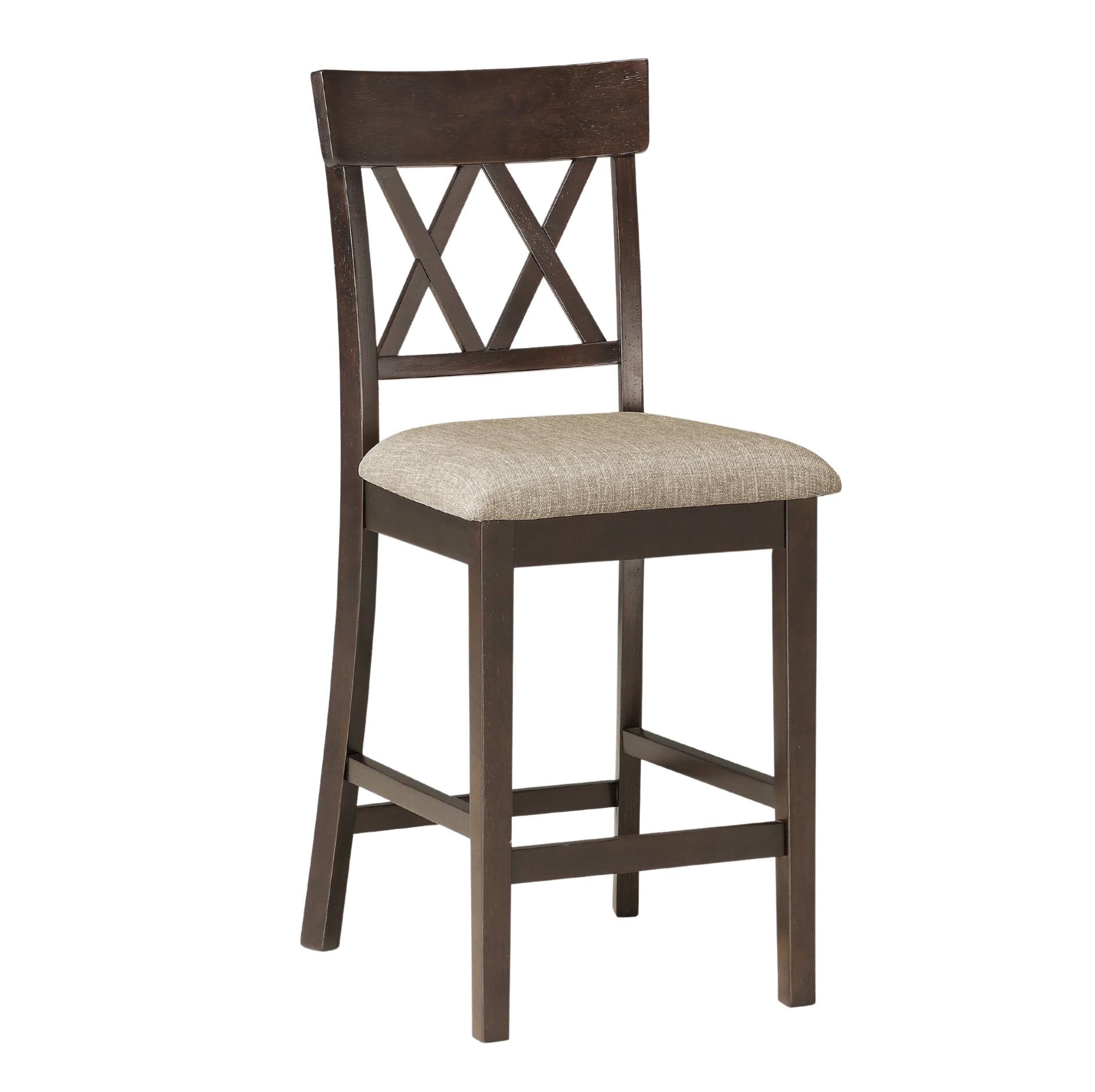 A wooden barstool with a dark brown frame, a high backrest featuring an X-shaped crisscross design, and a light beige upholstered seat cushion, shown against a plain white background.
