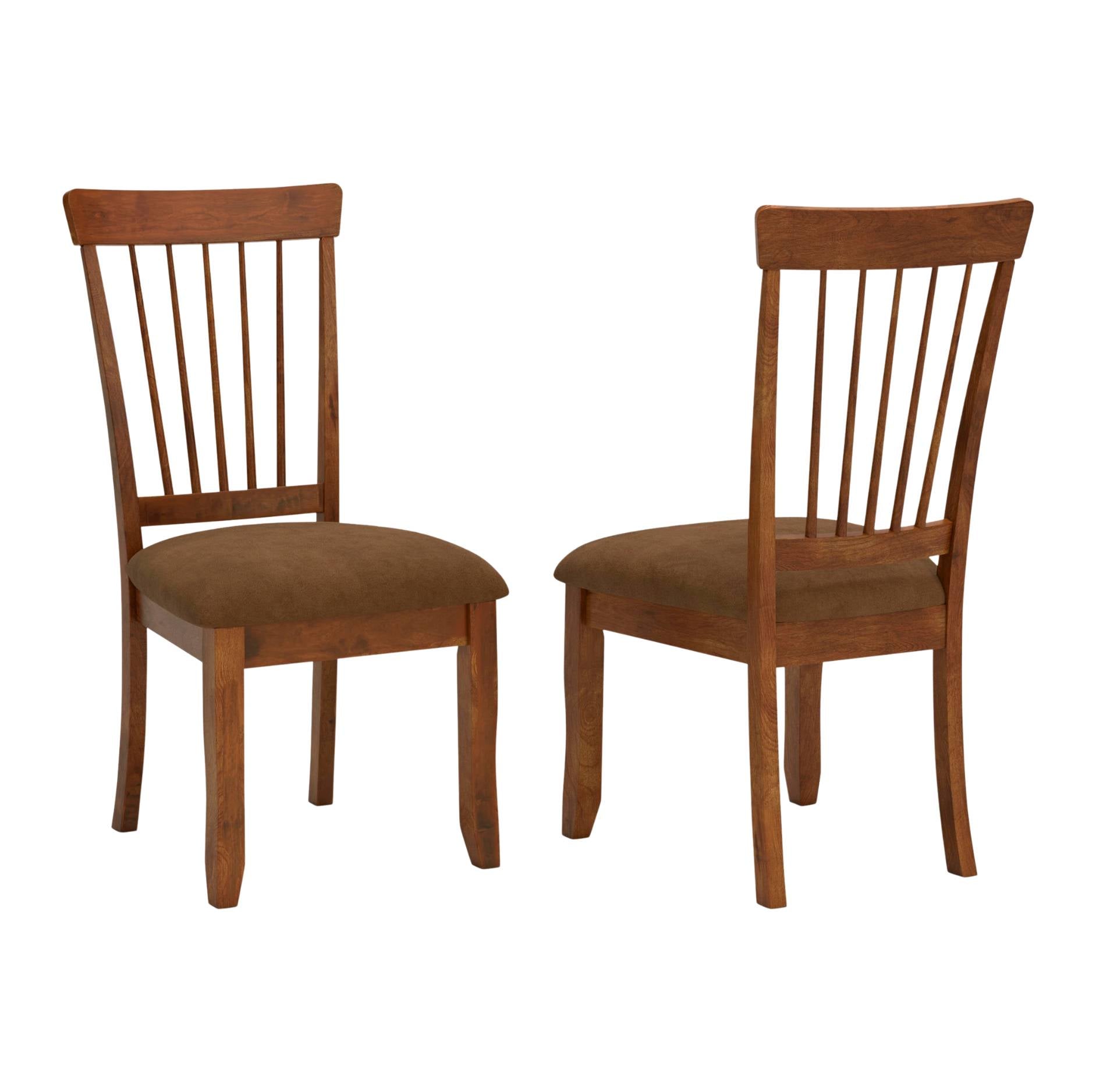 Two wooden dining chairs with spindle backs and brown upholstered seats, shown from the front and back on a white background.