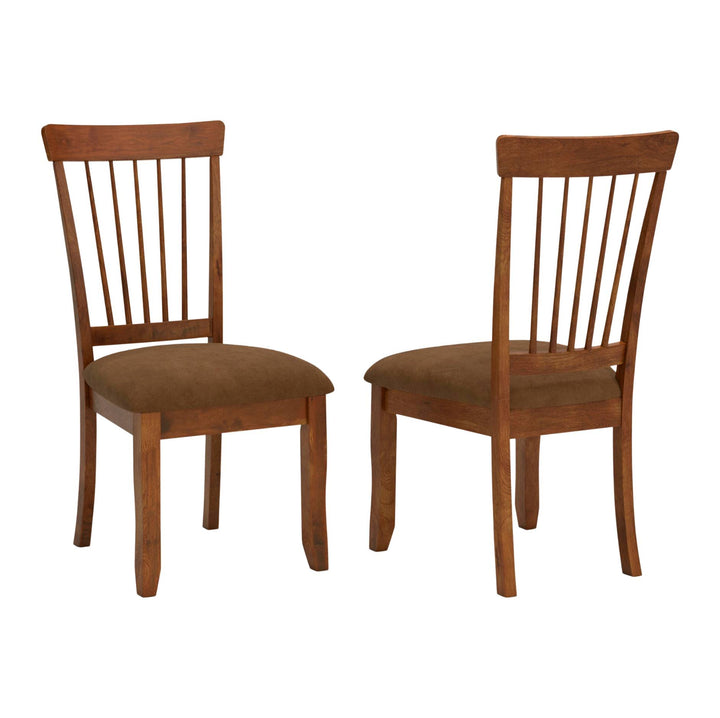 Two wooden dining chairs with spindle backs and brown upholstered seats, shown from the front and back on a white background.