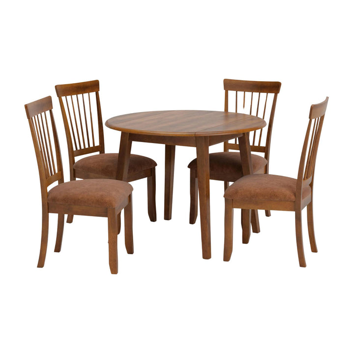 A 5-piece wooden dining set featuring a round wooden table and four matching slat-back chairs with brown upholstered seats, shown on a plain white background.