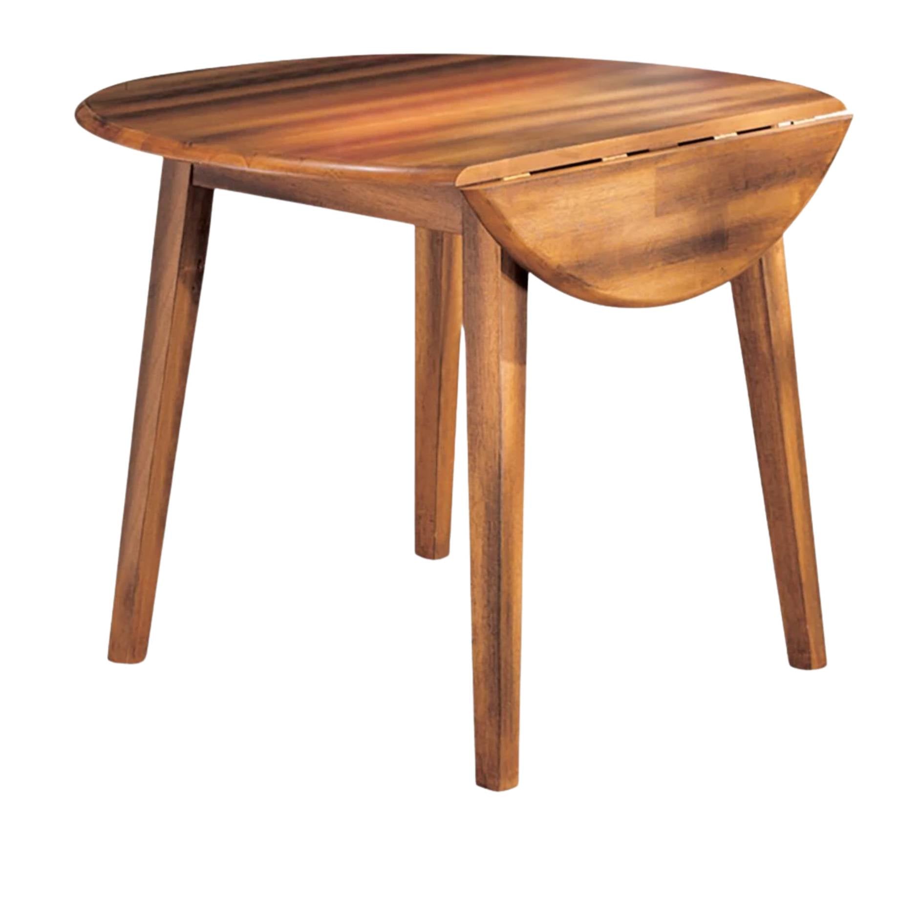 A round wooden drop-leaf table with a warm medium-brown finish and four tapered legs, shown on a plain white background.
