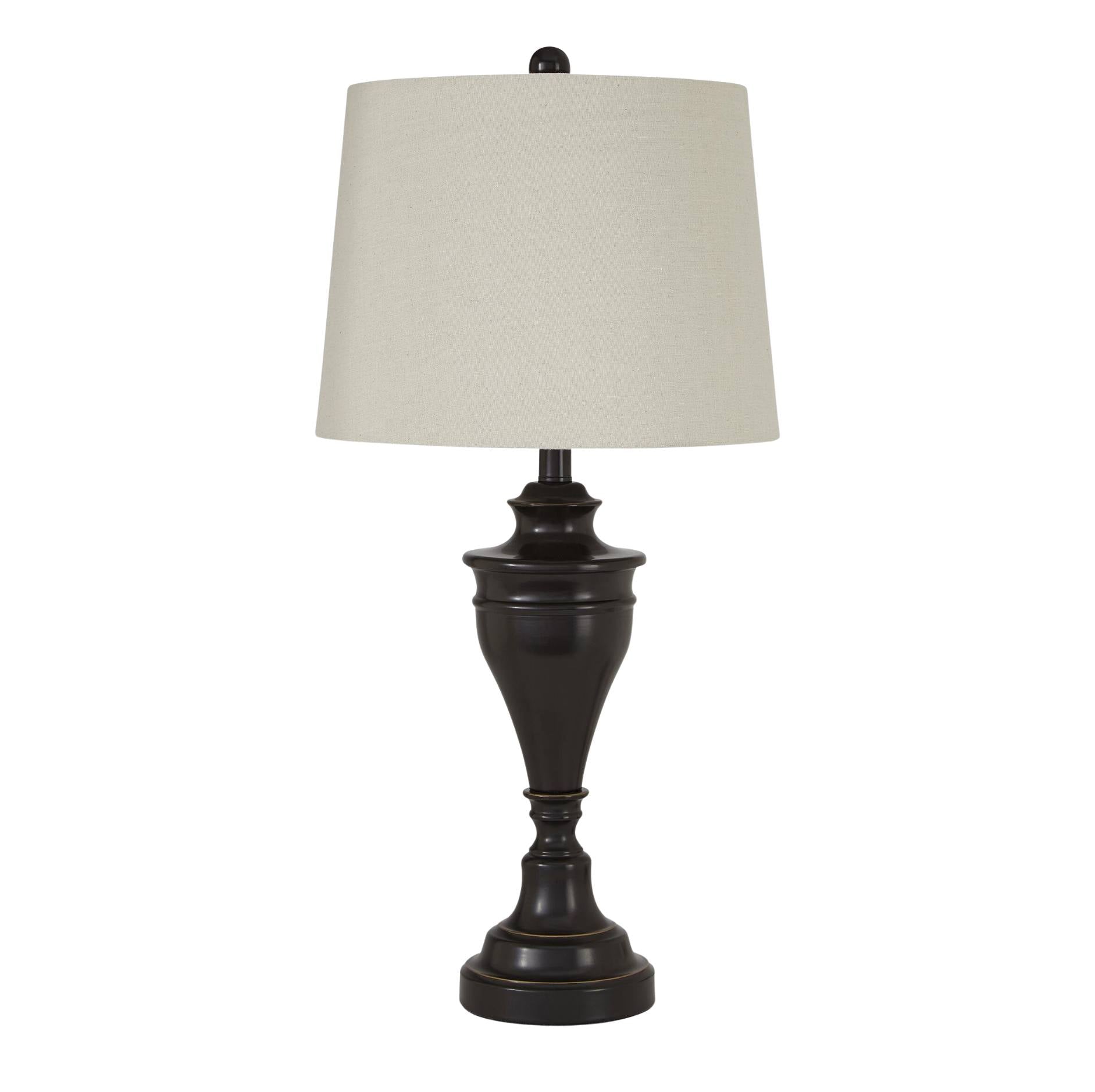 A table lamp with a dark brown urn-shaped metal base and a light beige fabric drum shade, shown against a plain white background.