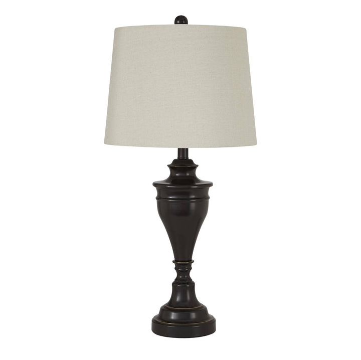 A table lamp with a dark brown urn-shaped metal base and a light beige fabric drum shade, shown against a plain white background.
