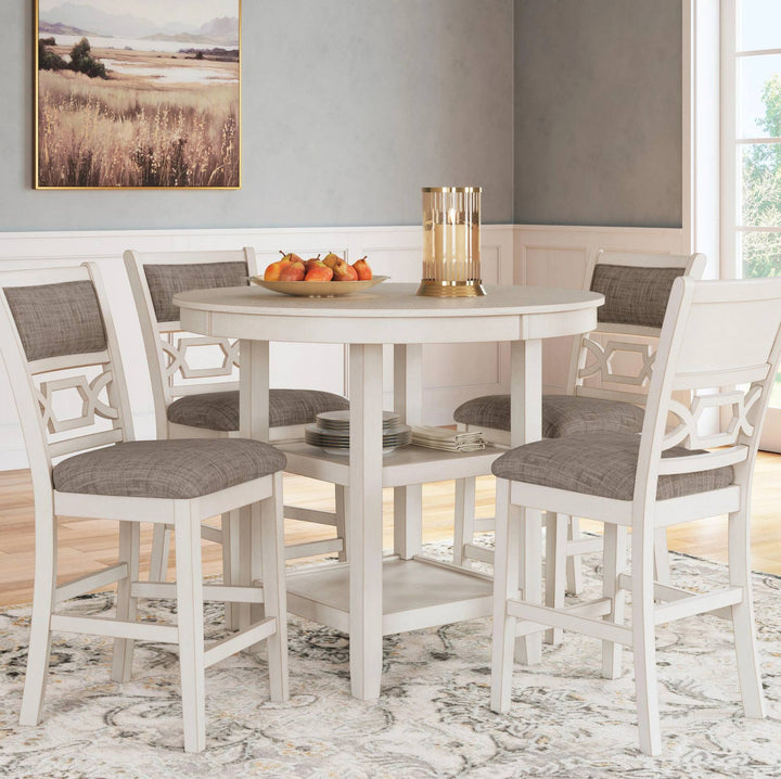 A 5-piece round counter-height dining table set with white painted wood frames and gray upholstered seats, shown in a styled dining room setting.