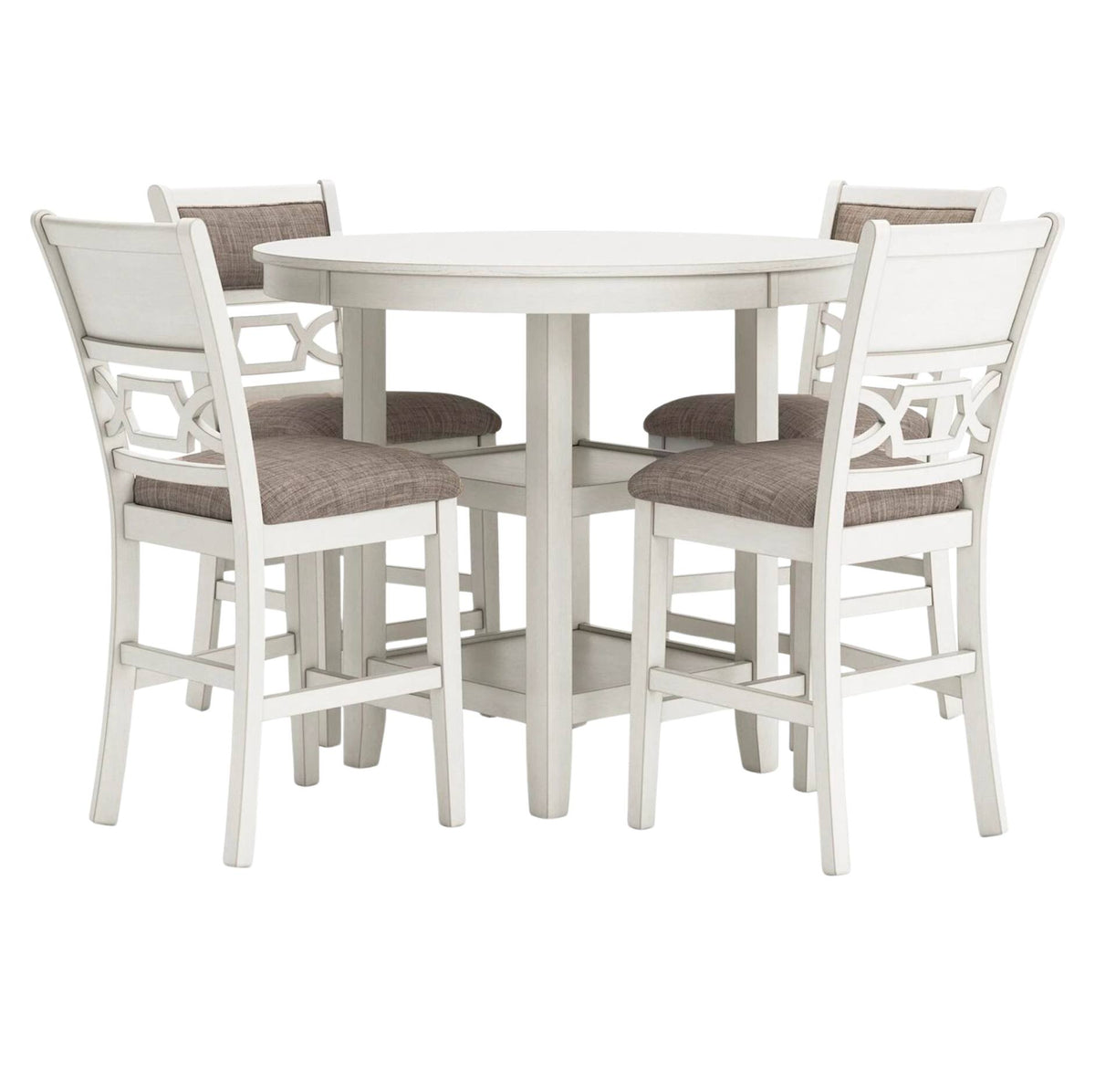 A 5-piece counter height dining set featuring a round white table and four matching white bar stools with taupe upholstered seats and backs, shown on a solid white background.