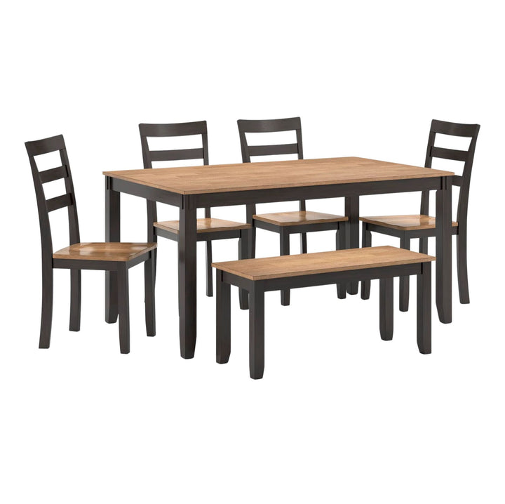 A 5-piece dining room set featuring a rectangular table with a light brown wood-grain top and dark charcoal metal frame, accompanied by four matching ladder-back chairs and a bench with light wood seats and dark frames, shown on a solid white background.
