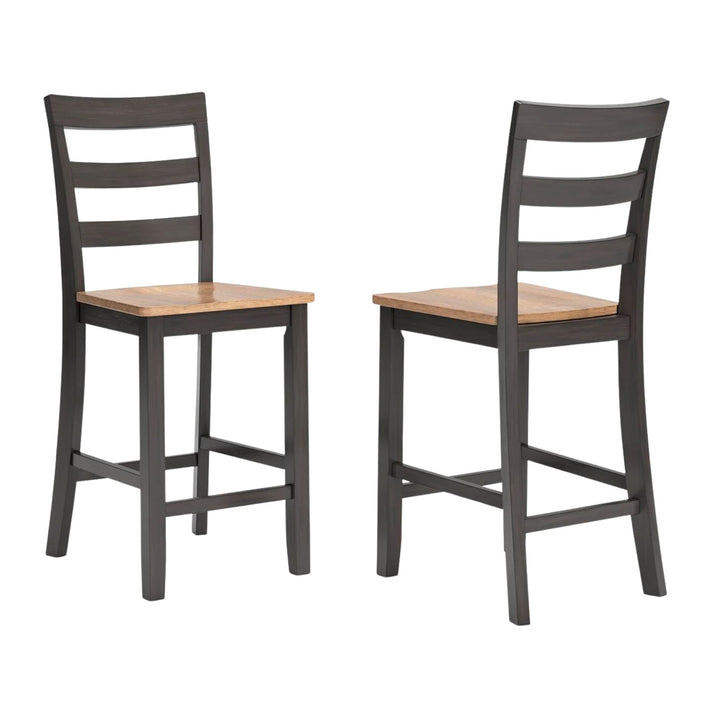 Two dark gray ladder-back bar stools with light natural wood seats, shown from the front and back on a white background.