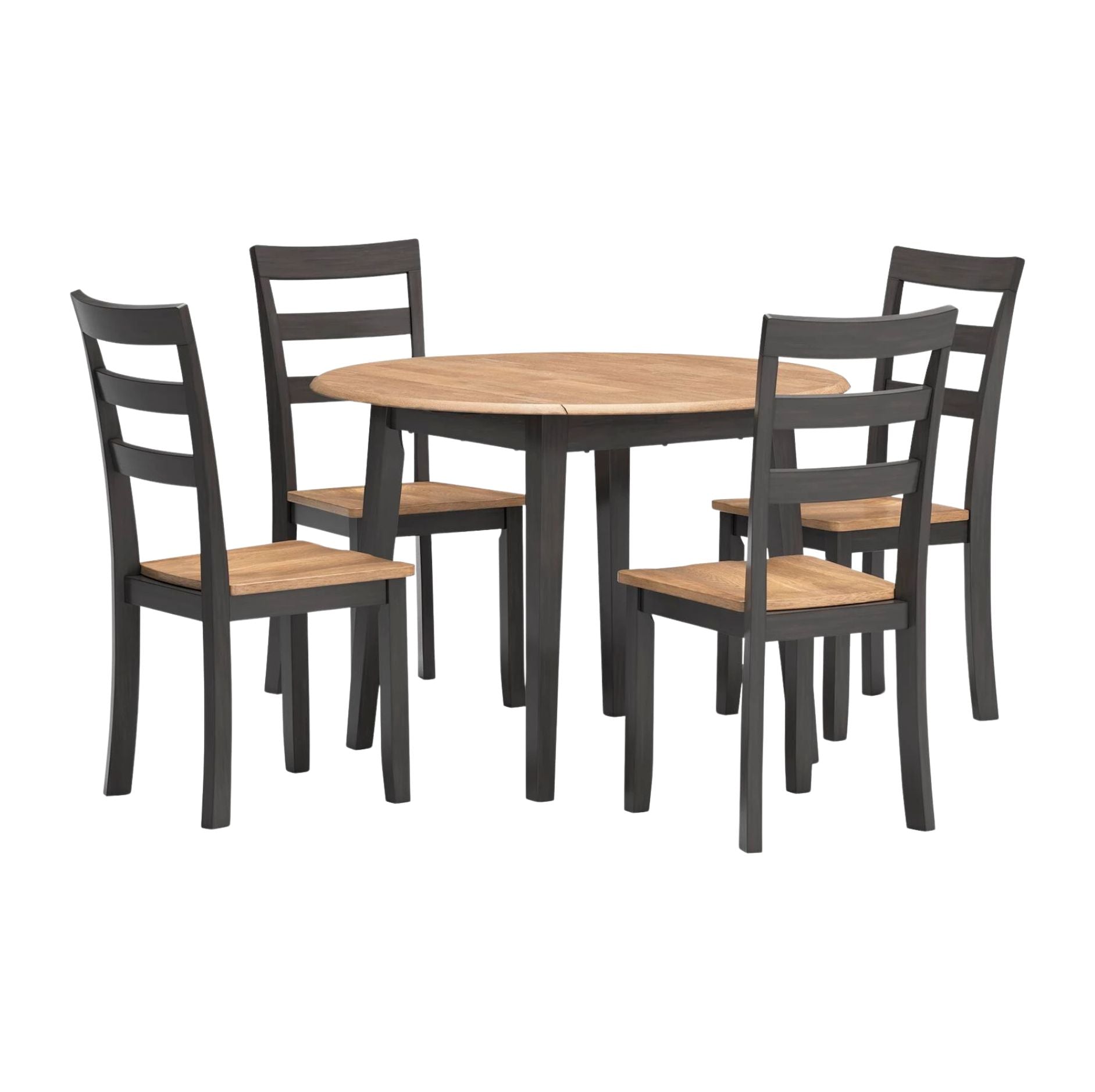 A 5-piece dining set featuring a round wooden table and four matching ladder-back chairs with dark gray frames and light brown wooden seats, shown on a solid white background.