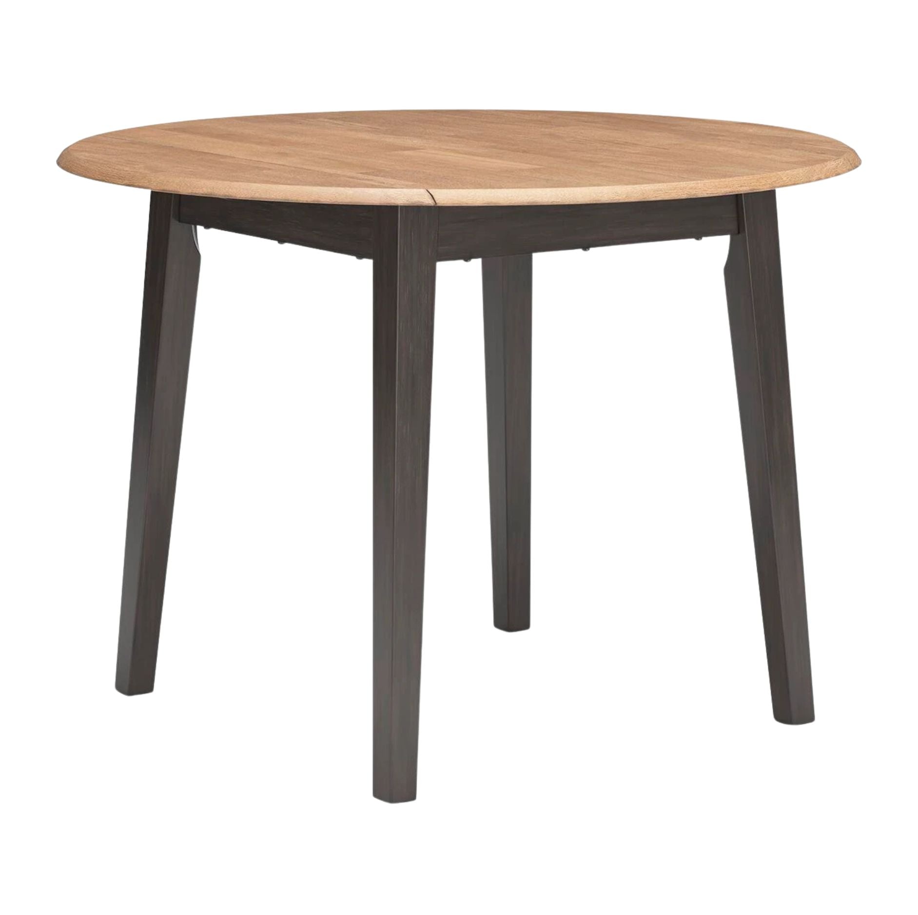 A round dining table with a light natural wood top and four dark gray angled legs, shown on a plain white background.