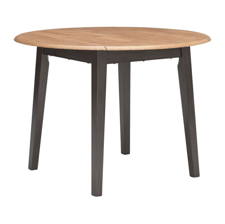 A round dining table with a light natural wood top and four dark gray angled legs, shown on a plain white background.