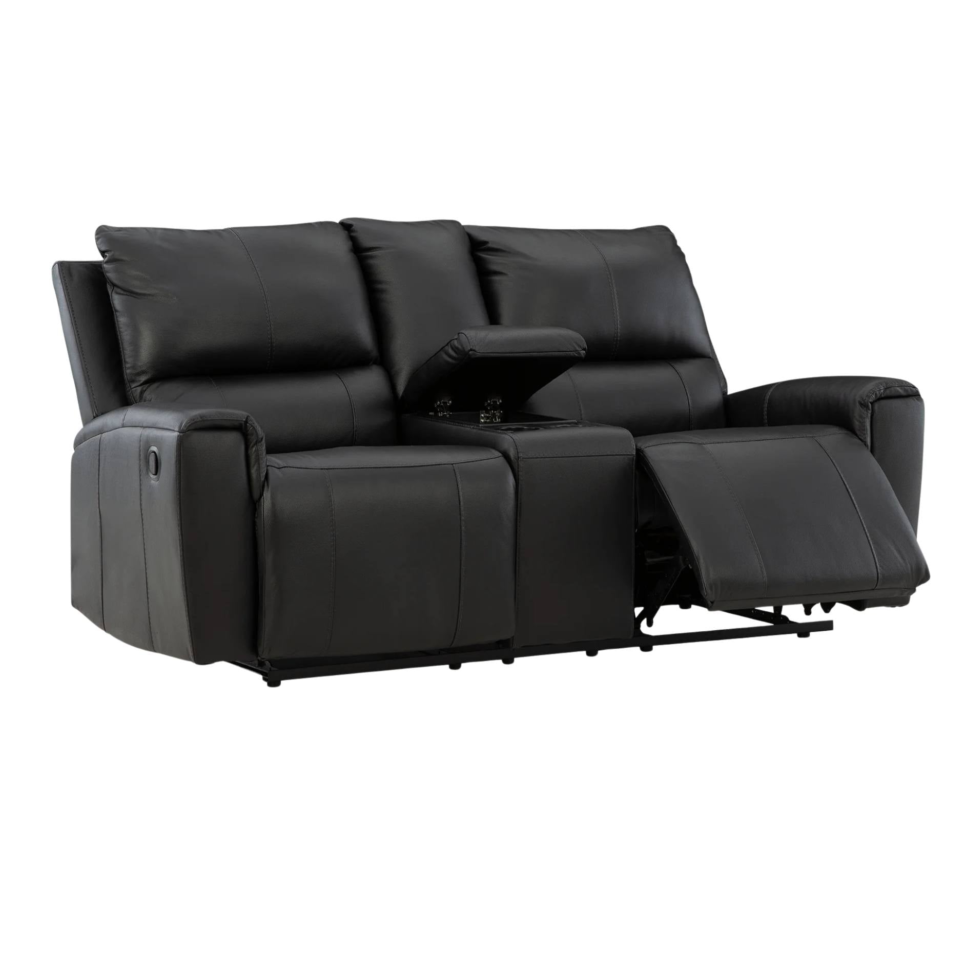 Black leather reclining loveseat sofa with a center armrest and extended right footrest, shown on a plain white background.
