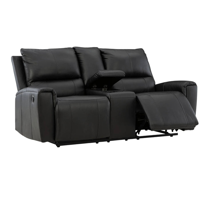 Black leather reclining loveseat sofa with a center armrest and extended right footrest, shown on a plain white background.