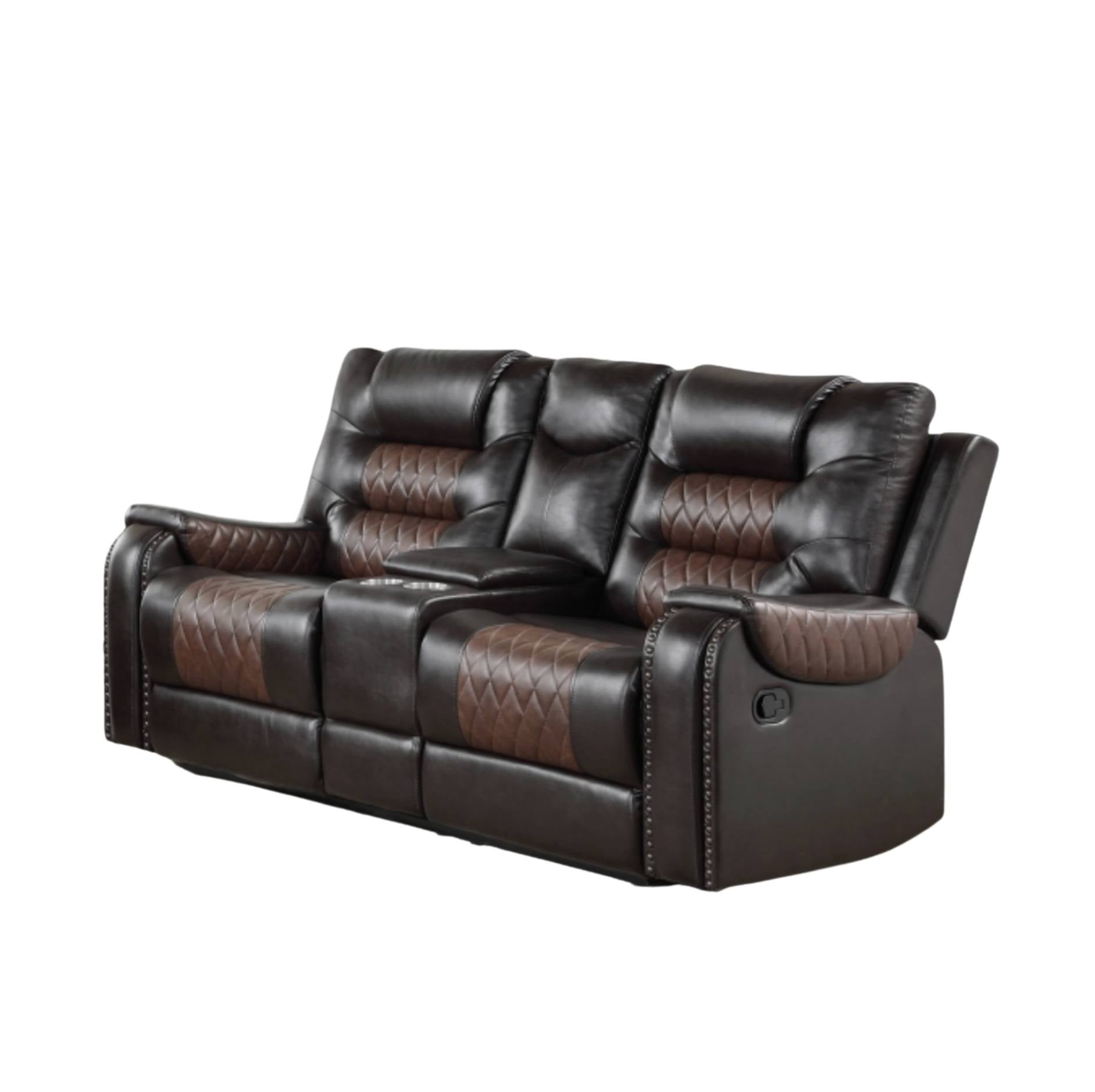 A three-seat power reclining loveseat sofa upholstered in dark brown faux leather with contrasting medium brown diamond-quilted panels on the seat and back cushions, shown against a plain white background.