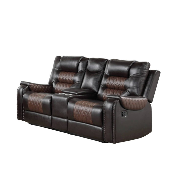 A three-seat power reclining loveseat sofa upholstered in dark brown faux leather with contrasting medium brown diamond-quilted panels on the seat and back cushions, shown against a plain white background.