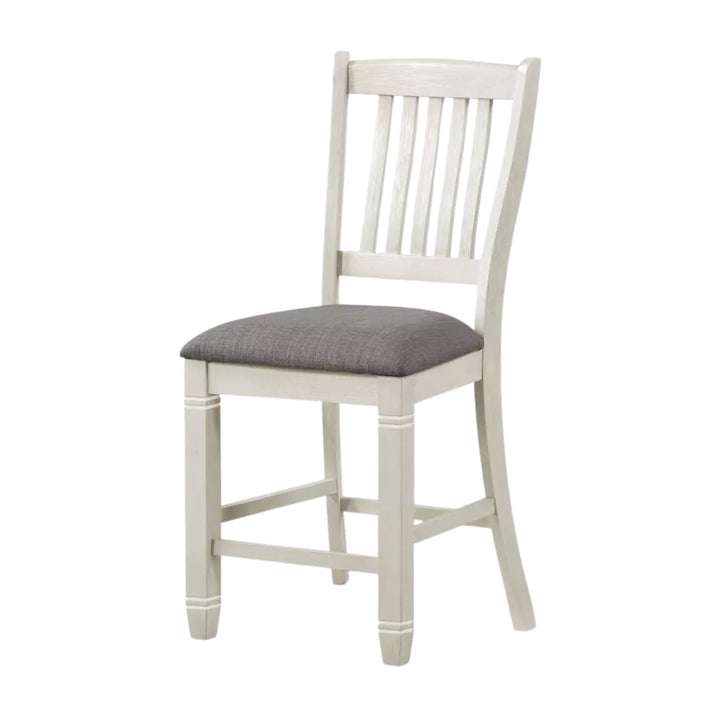 A single wooden dining chair with a distressed white frame and a gray upholstered seat cushion, shown against a plain white background.